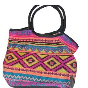 Woven Geometric Southwestern Tote Bag Pink Blue Orange Boho Shoulder Bag India